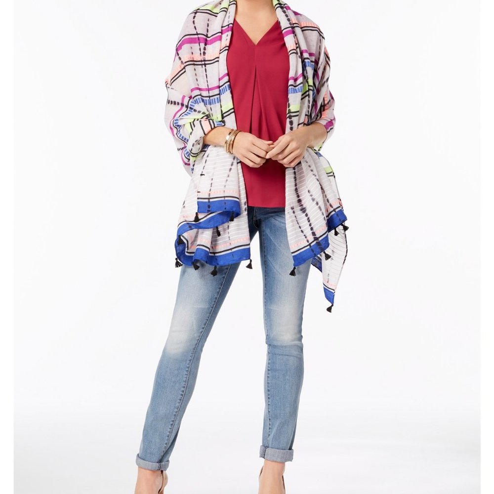 I.n.c. Dye-Wash Striped Tassel Wrap (Black Bright,